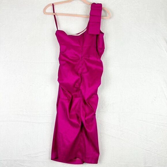 Cache Vintage 90s Y2K Satin One Shoulder Bow Detail Cocktail Dress Size 8 Pink - Picture 2 of 11